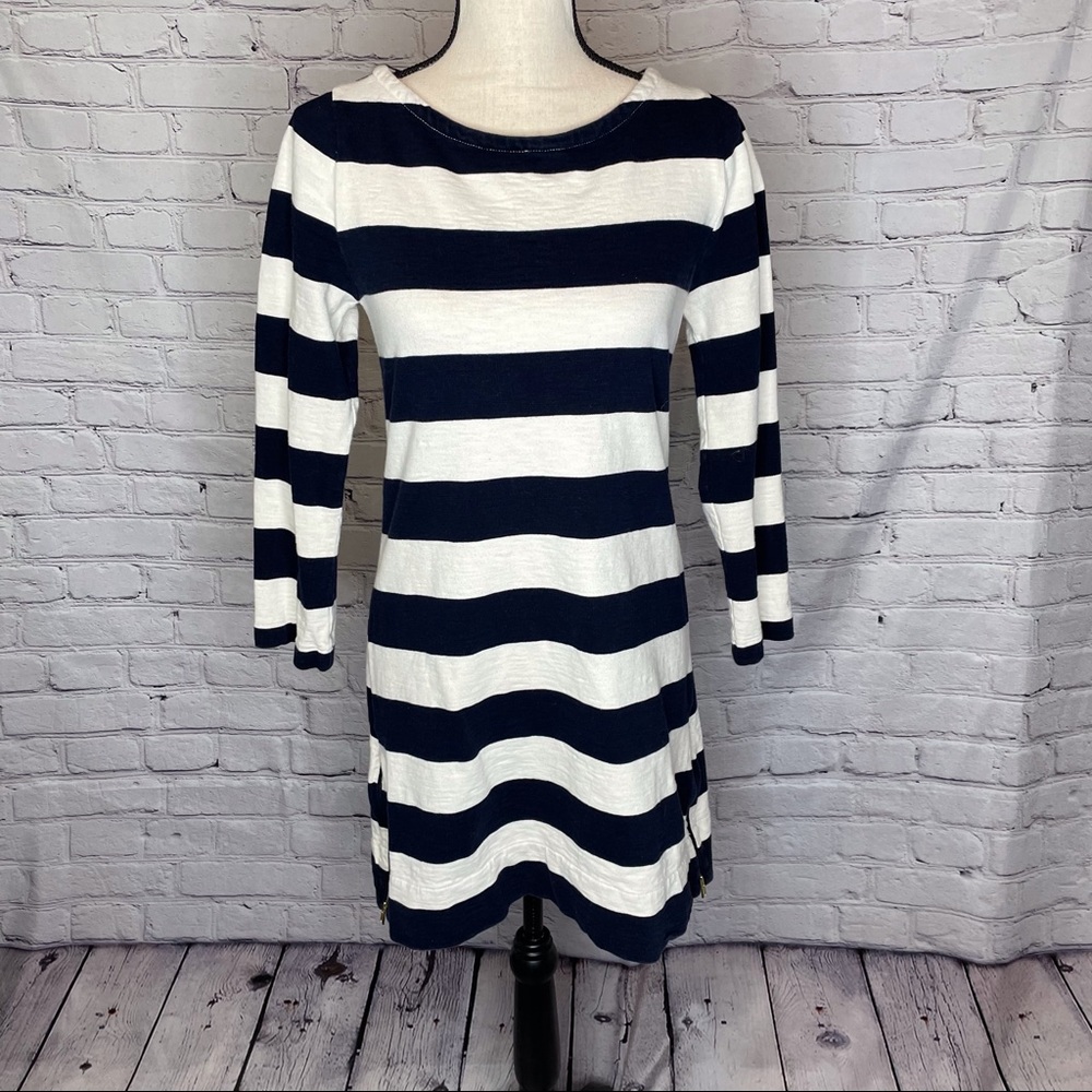 J. Crew Navy and Cream Wide Striped 3/4 Sleeve Cotton Shift Dress Zipper Hem XS